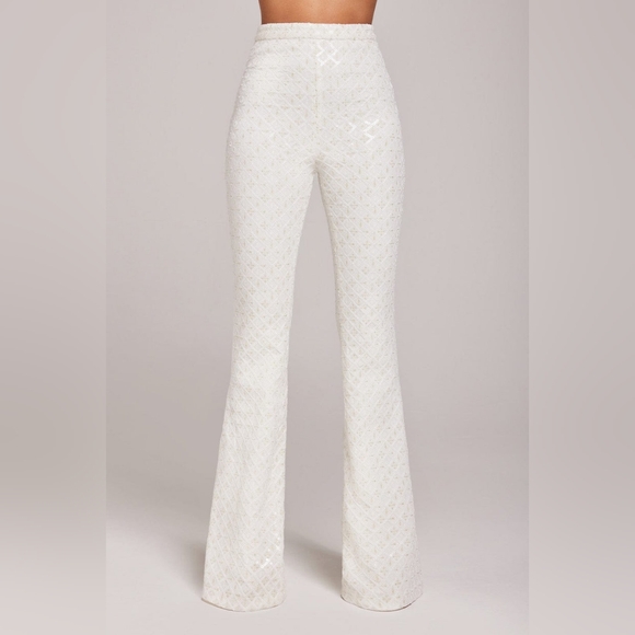 NADINE MERABI MEGHAN White Beige Flare Embroidered Sequin Velvet Trousers Pants - Picture 2 of 16